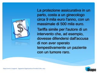 La protezione assicurativa in un 
parto, costa a un ginecologo 
circa 9 mila euro l'anno, con un 
massimale di 500 mila euro. 
Tariffa simile per l'autore di un 
intervento che, ad esempio, 
dovesse difendersi dall'accusa 
di non aver operato 
tempestivamente un paziente 
con un tumore raro. 
Diapo Eventi e Congressi - Segreteria Organizzativa e Provider ECM n. 1057 
 
