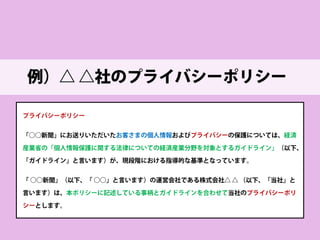 例）○○社のプライバシーポリシー 
個人情報の取扱いについて 
株式会社○○（以下「当社」といいます）は、当プライバシーポリシーを掲示し、当プライ バシーポリシーに準拠して提供されるサービス（以下「本サービス」といいます）の利用企 業・提携企業・団体等（以下「利用企業等」といいます）および本サービスをご利用になる 方（以下「ユーザー」といいます）のプライバシーを尊重し、ユーザーの個人情報（以下の 定義に従います）の管理に細心の注意を払い、これを取扱うものとします。  