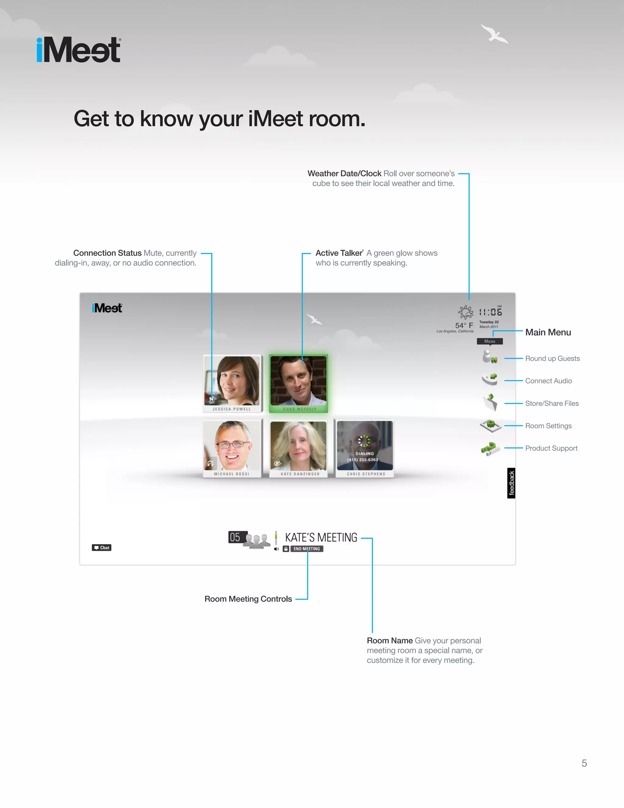 Get to know your iMeet room.

                                                                    Weather Date/Clock Roll over someone’s
                                                                     cube to see their local weather and time.




      Connection Status Mute, currently                               Active Talker A green glow shows
                                                                                   ®




dialing-in, away, or no audio connection.                             who is currently speaking.




                                                                                                                         Main Menu

                                                                                                                         Round up Guests


                                                                                                                         Connect Audio


                                                                                                                         Store/Share Files


                                                                                                                         Room Settings


                                                                                                                         Product Support




                                            Room Meeting Controls




                                                                                       Room Name Give your personal
                                                                                       meeting room a special name, or
                                                                                       customize it for every meeting.




                                                                                                                                             5
 