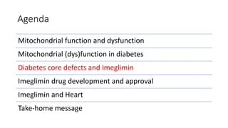 Agenda
Mitochondrial function and dysfunction
Mitochondrial (dys)function in diabetes
Diabetes core defects and Imeglimin
Imeglimin drug development and approval
Imeglimin and Heart
Take-home message
 