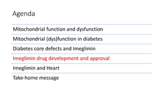 Agenda
Mitochondrial function and dysfunction
Mitochondrial (dys)function in diabetes
Diabetes core defects and Imeglimin
Imeglimin drug development and approval
Imeglimin and Heart
Take-home message
 