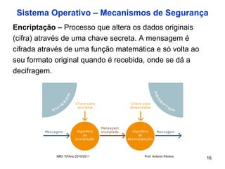 Sistema Operativo – Mecanismos de Segurança
Encriptação – Processo que altera os dados originais
(cifra) através de uma chave secreta. A mensagem é
cifrada através de uma função matemática e só volta ao
seu formato original quando é recebida, onde se dá a
decifragem.




            IMEI 10ºAno 2010/2011     Prof. António Pereira
                                                              16
 