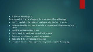  Unidad de aprendizaje III
Estrategias didácticas para favorecer las practicas sociales del lenguaje
 Función mediadora de los textos en el desarrollo lingüístico-cognitivo
 Herramientas didácticas para desarrollar la comprensión y la producción oral y
escrita
 Los géneros discursivos en el aula
 Funciones de los medios de comunicación masiva
 Elementos esenciales en el trabajo por proyectos
 Desarrollo de las actividades permanentes
 Evaluación del aprendizaje a partir de las practicas sociales del lenguaje.
 