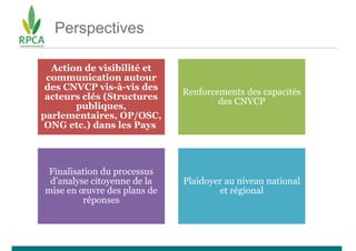 Perspectives
Action de visibilité et
communication autour
des CNVCP vis-à-vis des
acteurs clés (Structures
publiques,
parlementaires, OP/OSC,
ONG etc.) dans les Pays
Renforcements des capacités
des CNVCP
Finalisation du processus
d’analyse citoyenne de la
mise en œuvre des plans de
réponses
Plaidoyer au niveau national
et régional
 
