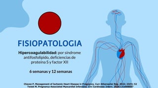 FISIOPATOLOGIA
Hipercoagulabilidad: por síndrome
antifosfolípido, deficiencias de
proteína S y factor XII
6 semanas y 12 semanas
Chavez P. Management of Ischemic Heart Disease in Pregnancy. Curr Atheroscler Rep. 2022; 23(9): 52
Tweet M. Pregnancy-Associated Myocardial Infarction. Circ Cardiovasc Interv. 2020;13:e008687
 