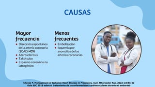 Mayor
frecuencia
Menos
frecuentes
CAUSAS
● Disección espontánea
de la arteria coronaria
(SCAD) 43%
● Aterosclerosis
● Takotsubo
● Espasmo coronario no
iatrogénico
● Embolización
● Isquemia por
anomalías de las
arterias coronarias
Chavez P. Management of Ischemic Heart Disease in Pregnancy. Curr Atheroscler Rep. 2022; 23(9): 52
Guía ESC 2018 sobre el tratamiento de las enfermedades cardiovasculares durante el embarazo
 