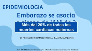 Embarazo se asocia
a riesgo de IAM de 3
a 4 veces
Es relativamente infrecuente (1,7-6,2/100.000 partos)
Guía ESC 2018 sobre el tratamiento de las enfermedades cardiovasculares durante el embarazo
EPIDEMIOLOGIA
Más del 20% de todas las
muertes cardiacas maternas
 
