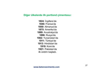 27
Diğer ülkelerde ilk portland çimentosu:
1824: İngiltere’de
1840: Fransa’da
1850: Almanya’da
1875: Amerika’da
1889: Avustralya’da
1896: Rusya’da
1902: Yunanistan’da
1911: Türkiye’de
1913: Hindistan’da
1919: Kore’de
1921: Pakistan’da
ilk üretim başladı.
www.betonvecimento.com
 