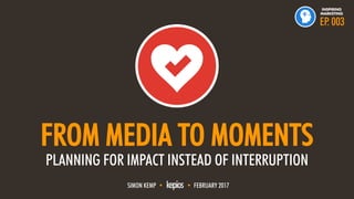 @ESKIMON • FROM MEDIA TO MOMENTS1
FROM MEDIA TO MOMENTS
PLANNING FOR IMPACT INSTEAD OF INTERRUPTION
SIMON KEMP • • FEBRUARY 2017
EP. 003
INSPIRING
MARKETING
 