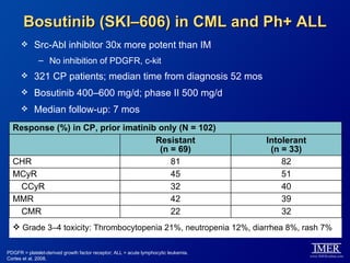 Bosutinib (SKI–606) in CML and Ph+ ALL
           Src-Abl inhibitor 30x more potent than IM
              – No inhibition of PDGFR, c-kit
           321 CP patients; median time from diagnosis 52 mos
           Bosutinib 400–600 mg/d; phase II 500 mg/d
           Median follow-up: 7 mos
  Response (%) in CP, prior imatinib only (N = 102)
                                    Resistant                                        Intolerant
                                     (n = 69)                                         (n = 33)
  CHR                                   81                                               82
  MCyR                                  45                                               51
    CCyR                                32                                               40
  MMR                                   42                                               39
    CMR                                 22                                               32
   Grade 3–4 toxicity: Thrombocytopenia 21%, neutropenia 12%, diarrhea 8%, rash 7%

PDGFR = platelet-derived growth factor receptor; ALL = acute lymphocytic leukemia.
Cortes et al, 2008.
 