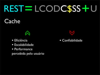 REST = LCODC$SS + U
Cache

  • Eﬁciência              • Conﬁabilidade
  • Escalabilidade
  • Performance
  percebida pelo usuário
 