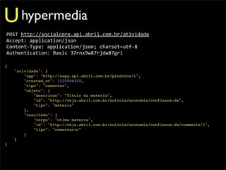 U hypermedia
POST	
  http://socialcore.api.abril.com.br/atividade
Accept:	
  application/json
Content-­‐Type:	
  application/json;	
  charset=utf-­‐8
Authentication:	
  Basic	
  37rnx9w87rjdw87gri

{
    "atividade": {
        "app": "http://aapg.api.abril.com.br/produtos/1",
        "created_at": 1325086429,
        "tipo": "comentar",
        "objeto": {
            "descricao": "Titulo da materia",
            "id": "http://veja.abril.com.br/noticia/economia/confianca-da",
            "tipo": "materia"
        },
        "resultado": {
            "corpo": "otima materia",
            "id": "http://veja.abril.com.br/noticia/economia/confianca-da/comments/1",
            "tipo": "comentario"
        }
    }
}
 