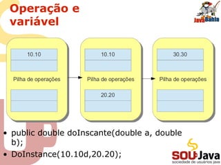 Operação e
variável
• public double doInscante(double a, double
b);
• DoInstance(10.10d,20.20);
 