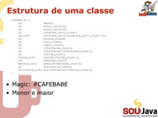 Estrutura de uma classe
• Magic: #CAFEBABE
• Menor e maior
 