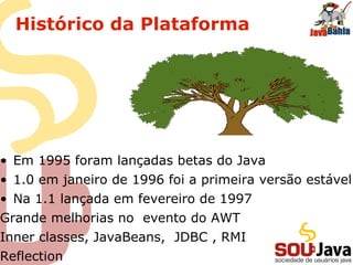 Histórico da Plataforma
• Em 1995 foram lançadas betas do Java
• 1.0 em janeiro de 1996 foi a primeira versão estável
• Na 1.1 lançada em fevereiro de 1997
Grande melhorias no evento do AWT
Inner classes, JavaBeans, JDBC , RMI
Reflection
 