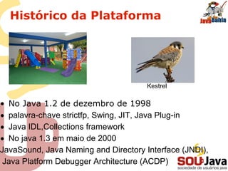 Histórico da Plataforma
• No Java 1.2 de dezembro de 1998
• palavra-chave strictfp, Swing, JIT, Java Plug-in
• Java IDL,Collections framework
• No java 1.3 em maio de 2000
JavaSound, Java Naming and Directory Interface (JNDI),
Java Platform Debugger Architecture (ACDP)
Kestrel
 