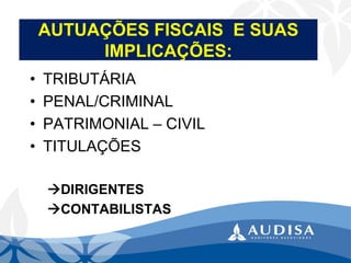 AUTUAÇÕES FISCAIS E SUAS IMPLICAÇÕES: 
•TRIBUTÁRIA 
•PENAL/CRIMINAL 
•PATRIMONIAL –CIVIL 
•TITULAÇÕES 
DIRIGENTES 
CONTABILISTAS  