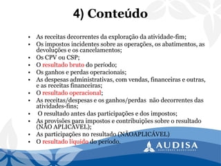 4) Conteúdo 
•As receitas decorrentes da exploração da atividade-fim; 
•Os impostos incidentes sobre as operações, os abatimentos, as devoluções e os cancelamentos; 
•Os CPV ou CSP; 
•O resultado brutodo período; 
•Os ganhos e perdas operacionais; 
•As despesas administrativas, com vendas, financeiras e outras, e as receitas financeiras; 
•O resultado operacional; 
•As receitas/despesas e os ganhos/perdas não decorrentes das atividades-fins; 
•O resultado antes das participações e dos impostos; 
•As provisões para impostos e contribuições sobre o resultado (NÃO APLICÁVEL); 
•As participações no resultado (NÃOAPLICÁVEL) 
•O resultado líquidodo período.  