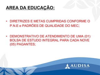 AREA DA EDUCAÇÃO: 
•DIRETRIZES E METAS CUMPRIDAS CONFORME O P.N.Ee PADRÕES DE QUALIDADE DO MEC; 
•DEMONSTRATIVO DE ATENDIMENTO DE UMA (01) BOLSA DE ESTUDO INTEGRAL PARA CADA NOVE (05) PAGANTES;  