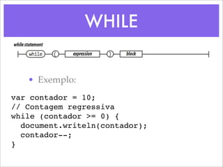 WHILE


   • Exemplo:
var contador = 10;
// Contagem regressiva
while (contador >= 0) {
  document.writeln(contador);
  contador--;
}
 