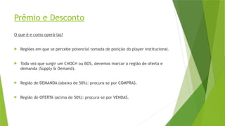 Prêmio e Desconto
O que é e como operá-las?
 Regiões em que se percebe potencial tomada de posição do player institucional.
 Toda vez que surgir um CHOCH ou BOS, devemos marcar a região de oferta e
demanda (Supply & Demand).
 Região de DEMANDA (abaixo de 50%): procura-se por COMPRAS.
 Região de OFERTA (acima de 50%): procura-se por VENDAS.
 