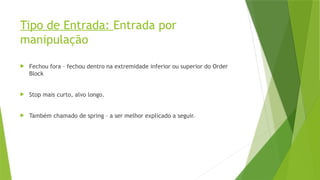 Tipo de Entrada: Entrada por
manipulação
 Fechou fora – fechou dentro na extremidade inferior ou superior do Order
Block
 Stop mais curto, alvo longo.
 Também chamado de spring – a ser melhor explicado a seguir.
 
