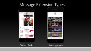 iMessage Extension Types
Stickers Packs iMessage apps
 