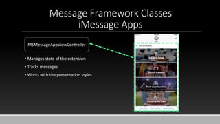 Message Framework Classes
iMessage Apps
MSMessageAppViewController
• Manages state of the extension
• Tracks messages
• Works with the presentation styles
 