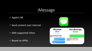 iMessage
• Apple’s IM
• Send content over internet
• SMS supported inline
• Based on APNs
 
