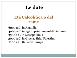 Le date

    Età Calcolitica o del
           rame
6000 a.C. in Anatolia
4000 a.C. in Egitto primi manufatti in rame
3500 a.C. in Mesopotamia
3000 a.C. in Grecia, Siria, Palestina
2200 a.C. Italia ed Europa
 