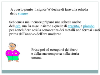 A questo punto il signor W decise di fare una scheda
dello stagno

Sebbene a malincuore preparò una scheda anche
dell’oro, ma la mise insieme a quelle di argento, e piombo
per concludere così la conoscenza dei metalli non ferrosi usati
prima dell’anno 0 dell’era moderna.



               Prese poi ad occuparsi del ferro
               e della sua comparsa nella storia
               umana
 