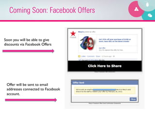Coming Soon: Facebook Offers


Soon you will be able to give
discounts via Facebook Offers	





 Offer will be sent to email
 addresses connected to Facebook
 account.	

 