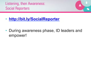 Listening, then Awareness:
Social Reporters

•  http://bit.ly/SocialReporter

•  During awareness phase, ID leaders and
   empower!
 