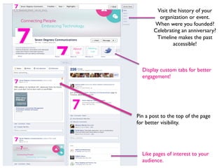 Visit the history of your
         organization or event. 	

       When were you founded?
       Celebrating an anniversary?
        Timeline makes the past
                accessible!	




  Display custom tabs for better
  engagement!	





Pin a post to the top of the page
for better visibility.	





  Like pages of interest to your
  audience.	

 