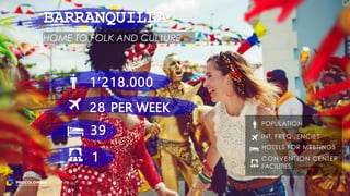 HOME TO FOLK AND CULTURE
POPULATION
INT. FREQUENCIES
HOTELS FOR MEETINGS
CONVENTION CENTER
FACILITIES
39
1’218.000
28 PER WEEK
1
BARRANQUILLA
 
