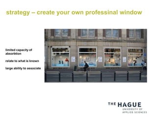 strategy – create your own professinal window
limited capacity of
absorbtion
relate to what is known
large ability to associate
 