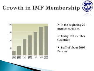  In the beginning 29
member countries

 Today,187 member
Countries

 Staff of about 2680
Persons
 