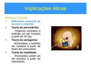 Implicações éticas Bioética e biodireito Diferentes maneiras de encarar o embrião: Teoria do pré-embrião;  Apenas considera o embrião um ser humano a partir do 14º dia. Teoria da cariogamia;  Considera o embrião ser humano a partir da fusão dos prónucleos. Teoria da natalidade:  Considera existir um ser humano a partir do nascimento. 