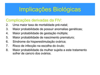 Implicações Biológicas Complicações derivadas da FIV: Uma maior taxa de mortalidade pré-natal; Maior probabilidade de possuir anomalias genéticas; Maior probabilidade de gestação múltipla; Maior probabilidade de nascimento prematuro; Síndrome da hisperestimulação ovárica; Risco de infecção na escolha do óvulo; Maior probabilidade da mulher sujeita a este tratamento sofrer de cancro dos ovários. 
