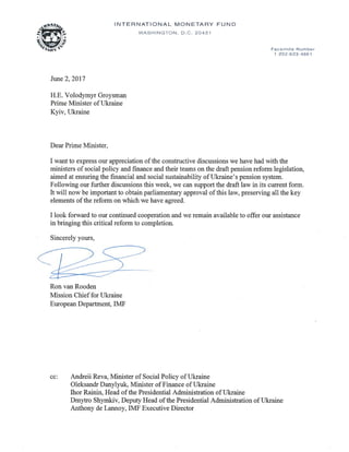 INTERNATIONAL MONETARY FUND
WASHINGTON, D.C. 20431
Facsimile Number
1-202-623-4.661
June 2, 2017
H.E. Volodymyr Groysman
P...