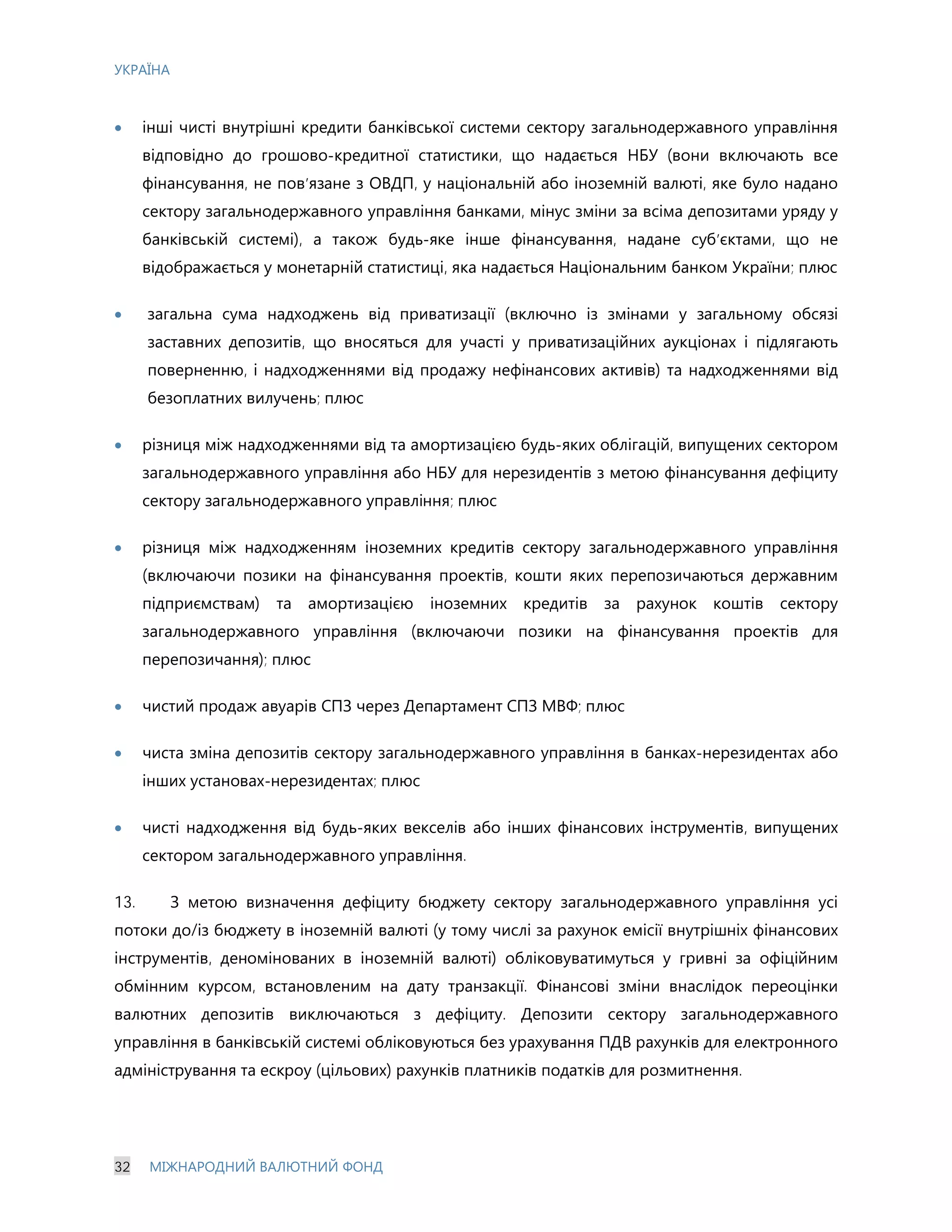 УКРАЇНА
32 МІЖНАРОДНИЙ ВАЛЮТНИЙ ФОНД
· інші чисті внутрішні кредити банківської системи сектору загальнодержавного управління
відповідно до грошово-кредитної статистики, що надається НБУ (вони включають все
фінансування, не пов’язане з ОВДП, у національній або іноземній валюті, яке було надано
сектору загальнодержавного управління банками, мінус зміни за всіма депозитами уряду у
банківській системі), а також будь-яке інше фінансування, надане суб’єктами, що не
відображається у монетарній статистиці, яка надається Національним банком України; плюс
· загальна сума надходжень від приватизації (включно із змінами у загальному обсязі
заставних депозитів, що вносяться для участі у приватизаційних аукціонах і підлягають
поверненню, і надходженнями від продажу нефінансових активів) та надходженнями від
безоплатних вилучень; плюс
· різниця між надходженнями від та амортизацією будь-яких облігацій, випущених сектором
загальнодержавного управління або НБУ для нерезидентів з метою фінансування дефіциту
сектору загальнодержавного управління; плюс
· різниця між надходженням іноземних кредитів сектору загальнодержавного управління
(включаючи позики на фінансування проектів, кошти яких перепозичаються державним
підприємствам) та амортизацією іноземних кредитів за рахунок коштів сектору
загальнодержавного управління (включаючи позики на фінансування проектів для
перепозичання); плюс
· чистий продаж авуарів СПЗ через Департамент СПЗ МВФ; плюс
· чиста зміна депозитів сектору загальнодержавного управління в банках-нерезидентах або
інших установах-нерезидентах; плюс
· чисті надходження від будь-яких векселів або інших фінансових інструментів, випущених
сектором загальнодержавного управління.
13. З метою визначення дефіциту бюджету сектору загальнодержавного управління усі
потоки до/із бюджету в іноземній валюті (у тому числі за рахунок емісії внутрішніх фінансових
інструментів, деномінованих в іноземній валюті) обліковуватимуться у гривні за офіційним
обмінним курсом, встановленим на дату транзакції. Фінансові зміни внаслідок переоцінки
валютних депозитів виключаються з дефіциту. Депозити сектору загальнодержавного
управління в банківській системі обліковуються без урахування ПДВ рахунків для електронного
адміністрування та ескроу (цільових) рахунків платників податків для розмитнення.
 