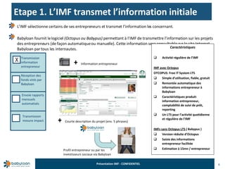 Etape 1. L’IMF transmet l’information initiale 4 L’IMF sélectionne certains de ses entrepreneurs et transmet l’information les concernant. Babyloan fournit le logiciel  (Octopus ou Babypus)  permettant à l’IMF de transmettre l’information sur les projets des entrepreneurs (de façon automatique ou manuelle). Cette information sera consultable sur le site Internet Babyloan par tous les internautes. X Transmission information entrepreneur Réception des fonds virés par Babyloan Envoie rapports mensuels automatisés Transmission mesure impact + Caractéristiques Activité régulière de l’IMF IMF avec Octopus OTCOPUS: Free IT System LTS Simple d’utilisation, fiable, gratuit Remontée automatique des informations entrepreneur à Babyloan Caractéristiques produit: information entrepreneur, comptabilité de suivi de prêt, reporting Un LTS pour l’activité quotidienne et régulière de l’IMF IMFs sans Octopus LTS  ( Babypus ) Version réduite d’Octopus  Saisie des informations entrepreneur facilitée Estimation à 15mn / entrepreneur Information entrepreneur Profil entrepreneur vu par les investisseurs sociaux via Babyloan + Courte description du projet (env. 5 phrases) 