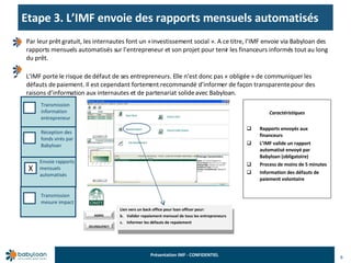 Etape 3. L’IMF envoie des rapports mensuels automatisés Par leur prêt gratuit, les internautes font un « investissement social ». A ce titre, l’IMF envoie via Babyloan des rapports mensuels automatisés sur l’entrepreneur et son projet pour tenir les financeurs informés tout au long du prêt.  L’IMF porte le risque de défaut de ses entrepreneurs. Elle n’est donc pas « obligée » de communiquer les défauts de paiement. Il est cependant fortement recommandé d’informer de façon transparente pour des raisons d’information aux internautes et de partenariat solide avec Babyloan. Caractéristiques Rapports envoyés aux financeurs L’IMF valide un rapport automatisé envoyé par Babyloan (obligatoire) Process de moins de 5 minutes Information des défauts de paiement volontaire Monthly Report New Client Search Client Search Credit Contact Exit Questionnaire Lien vers un back office pour loan officer pour: Valider repaiement mensuel de tous les entrepreneurs Informer les défauts de repaiement Transmission information entrepreneur Réception des fonds virés par Babyloan Envoie rapports mensuels automatisés Transmission mesure impact X 6 AGREE DELINQUENCY 