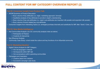 FULL CONTENT FOR IMF CATEGORY OVERVIEW REPORT (2)

Part III: Consumer Insight from Product Talk
• IWOM Dynamics of Product Discussion
      Buzz volume of key attributes (i.e. origin, marketing approach, formula)
      Qualitative analysis of key attributes to provide in-depth understanding
      Buzz volume of key sub-attributes (i.e. origin’s sub-attributes are imported milk powder and exported milk powder)
      Buzz volume of brand related key sub-attributes
• Consumer Insights from Interesting Topics (i.e. emerged purchase channels and substitutes for IMF after “Sanlu” Crisis, etc.)


Part IV: New Media Intelligence
• Hot Communities Analysis (via CIC community analysis index as below)
       Participation & Passion
       Creativity & Interactivity
• Key Efluencer Analysis
• Community Case Study: a look inside the culture and key functions of an influential community


Part V: Marketing Ideation
• Digital Culture Analysis for IMF Category
       Hot net language in Internet
       Hot keywords within IMF talk
       Hot conversations within parenting communities
• Campaigns and Inspiration
       Creative ideas from netizens
       Successful campaign case study



                                                                                                                                  20
 
