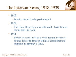 Slide 18-18Copyright © 2003 Pearson Education, Inc.
• 1925
– Britain returned to the gold standard
• 1929
– The Great Depression was followed by bank failures
throughout the world.
• 1931
– Britain was forced off gold when foreign holders of
pounds lost confidence in Britain’s commitment to
maintain its currency’s value.
The Interwar Years, 1918-1939
 
