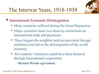 Slide 18-19Copyright © 2003 Pearson Education, Inc.
 International Economic Disintegration
• Many countries suffered during the Great Depression.
• Major economic harm was done by restrictions on
international trade and payments.
• These beggar-thy-neighbor policies provoked foreign
retaliation and led to the disintegration of the world
economy.
• All countries’ situations could have been bettered
through international cooperation
– Bretton Woods agreement
The Interwar Years, 1918-1939
 