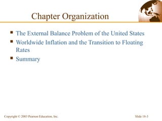Slide 18-3Copyright © 2003 Pearson Education, Inc.
 The External Balance Problem of the United States
 Worldwide Inflation and the Transition to Floating
Rates
 Summary
Chapter Organization
 