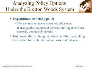 Slide 18-31Copyright © 2003 Pearson Education, Inc.
• Expenditure-switching policy
– The accompanying exchange rate adjustment
– It changes the direction of demand, shifting it between
domestic output and imports.
• Both expenditure changing and expenditure switching
are needed to reach internal and external balance.
Analyzing Policy Options
Under the Bretton Woods System
 