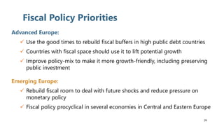 Fiscal Policy Priorities
Advanced Europe:
✓ Use the good times to rebuild fiscal buffers in high public debt countries
✓ Countries with fiscal space should use it to lift potential growth
✓ Improve policy-mix to make it more growth-friendly, including preserving
public investment
Emerging Europe:
✓ Rebuild fiscal room to deal with future shocks and reduce pressure on
monetary policy
✓ Fiscal policy procyclical in several economies in Central and Eastern Europe
26
 