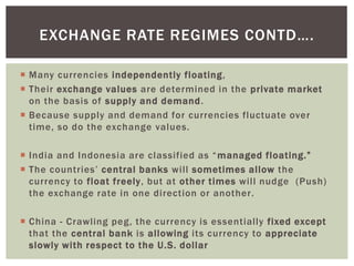  Many currencies independently floating,
 Their exchange values are determined in the private market
on the basis of supply and demand.
 Because supply and demand for currencies fluctuate over
time, so do the exchange values.
 India and Indonesia are classified as “managed floating.”
 The countries’ central banks will sometimes allow the
currency to float freely, but at other times will nudge (Push)
the exchange rate in one direction or another.
 China - Crawling peg, the currency is essentially fixed except
that the central bank is allowing its currency to appreciate
slowly with respect to the U.S. dollar
EXCHANGE RATE REGIMES CONTD….
 